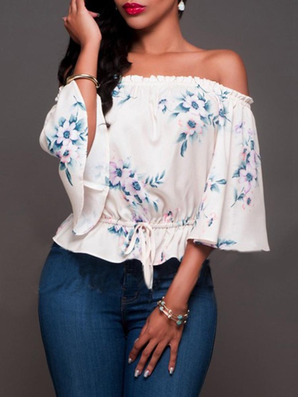 Sexig Fashion Flower Patchwork Word Neck Off Shoulder T-shirt Crop Top Casual Bluse Tee
