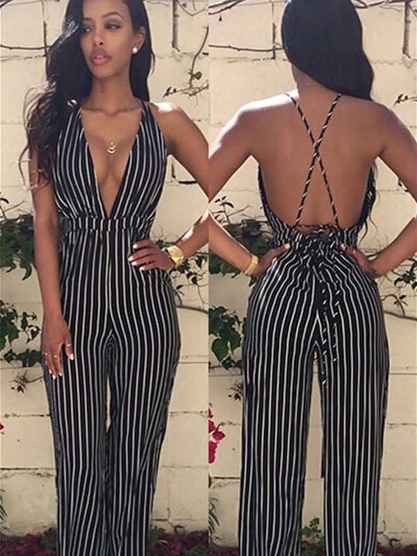 Sexet Lady&#39;s Deep V Neck Backless Jumpsuit Høj Talje Ærmeløs Stribet Romper
