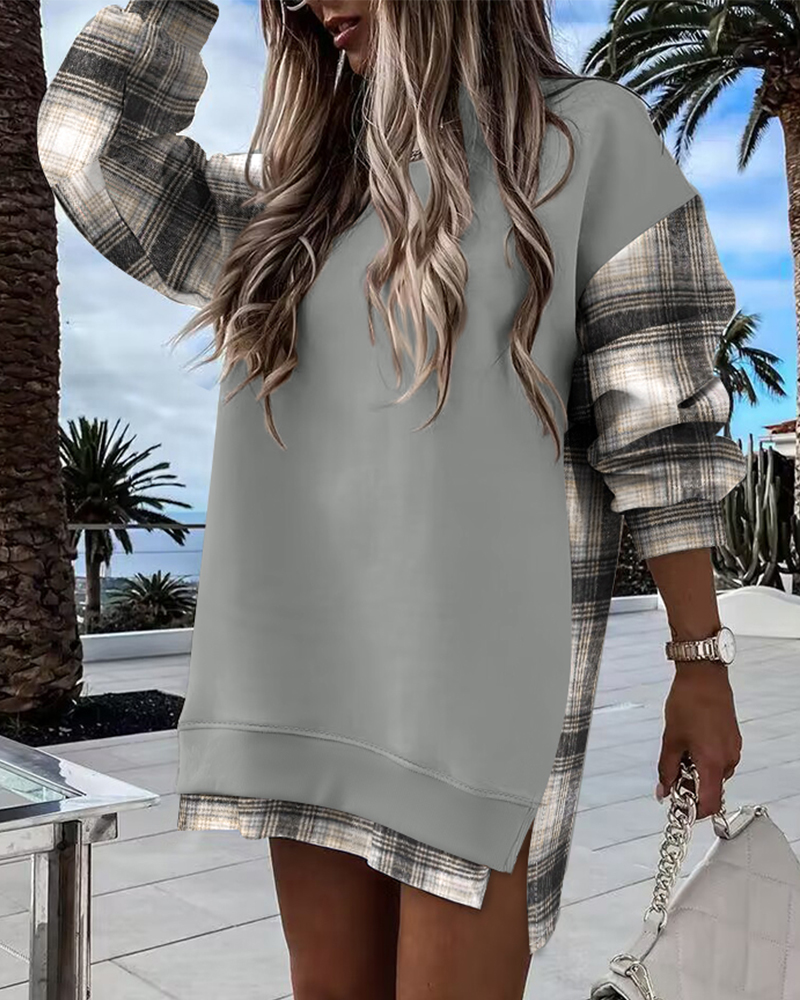 Robe sweat-shirt à manches longues et fente latérale à carreaux