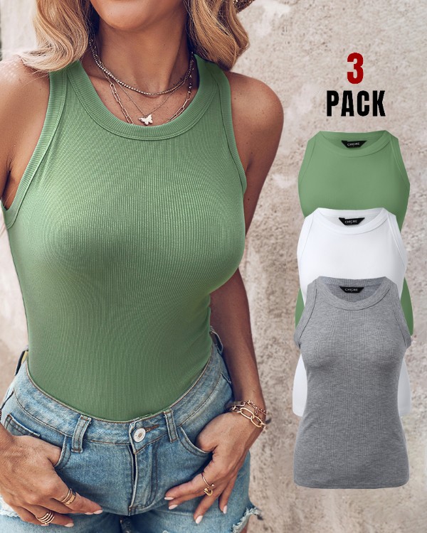 3-Pack Knit Round Neck Sleeveless Ribbed Racerback Tank Tops(Without Pads)