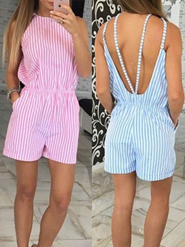 Kvinder Off-the-Shouler Sexet Slim Ærmeløs stribet Casual Jumpsuits korte bukser Grime Romper Clubwear