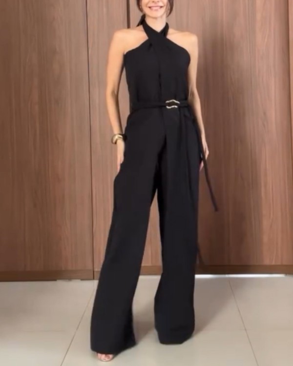 Plain Criss Cross Halter Cold Shoulder Jumpsuit Casual Back Zipper Business Romper with Belt