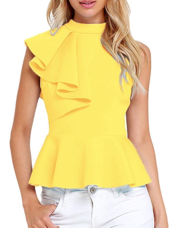 Dam Mode Enfärgad Asymmetrisk Ruffle Peplum Top Ärmlös Casual Blus T-shirt