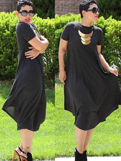 Kvinders sommermode kortærmet rund hals blød bomuldskjole i plusstørrelse