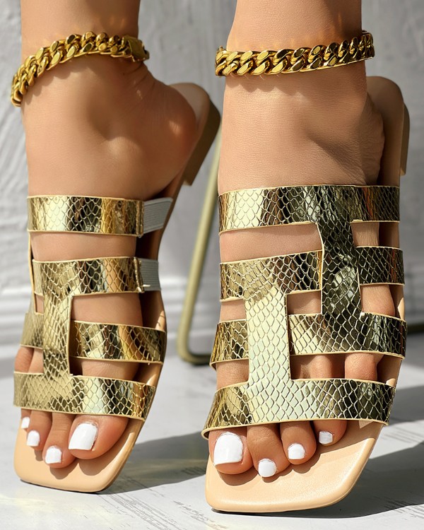 Textured Hollow Out Square Toe Braided Slippers