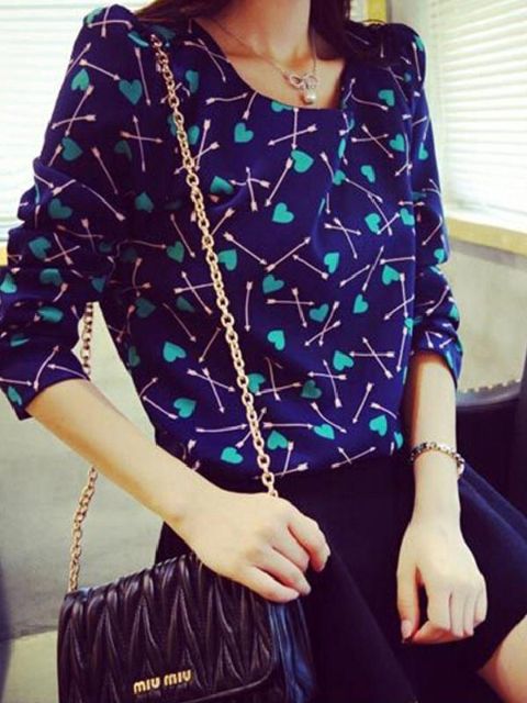 Women's New Autumn Fashion Floral Heart Printed Long Sleeve Chiffon Tops Blouse T Shirt