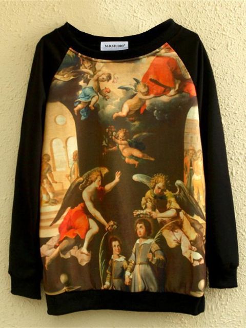 Þrívíddar engilprentapeysa tískukvenna Harajuku Hip-hop hettupeysa frjálslegur kringlóttur pullover toppur