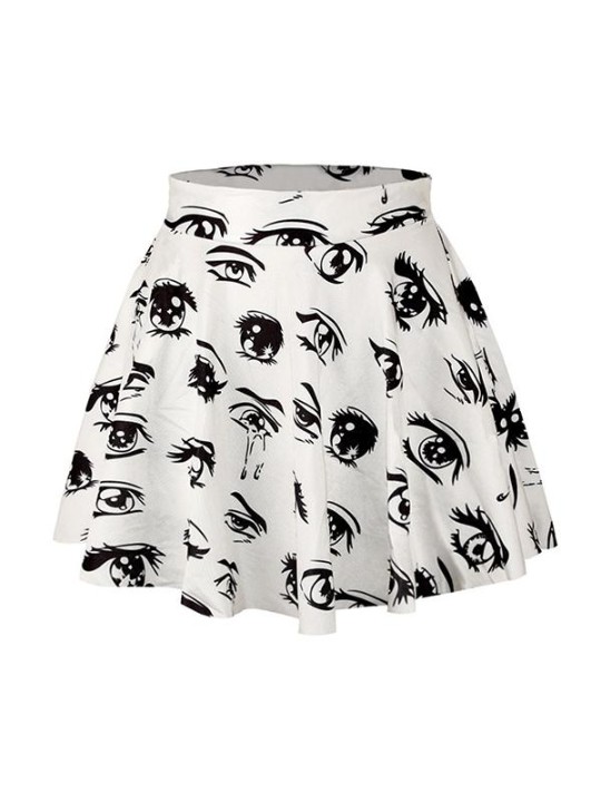 Dammode Ögon Digital Print Hög midja klänningar Flared Skater Mini kjolar