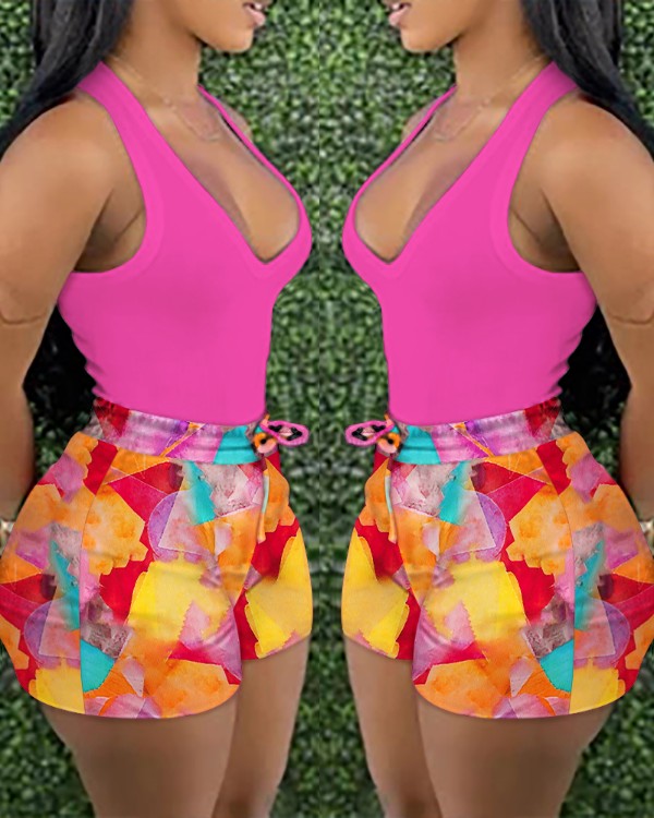 Halter Tank top & Colorblock Print Shorts Set