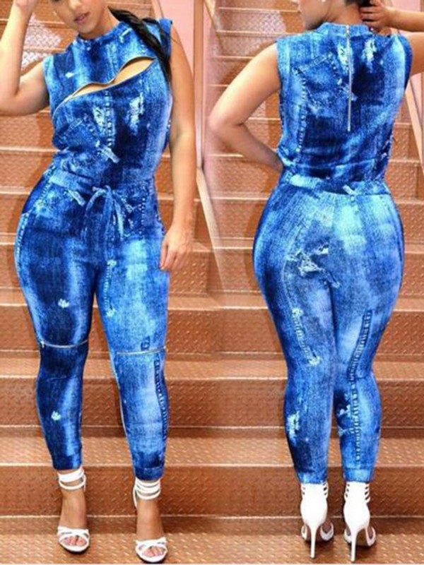 Women's Sexy Printing Clubwear Tight Jumpsuit Sleeveless Zipper Playsuit Full Pants