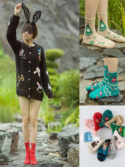 Naisten söpö sarjakuva eläin kuvio lyhyt joululahja sukka muoti talvivilla söpö sukat lämmin sukat