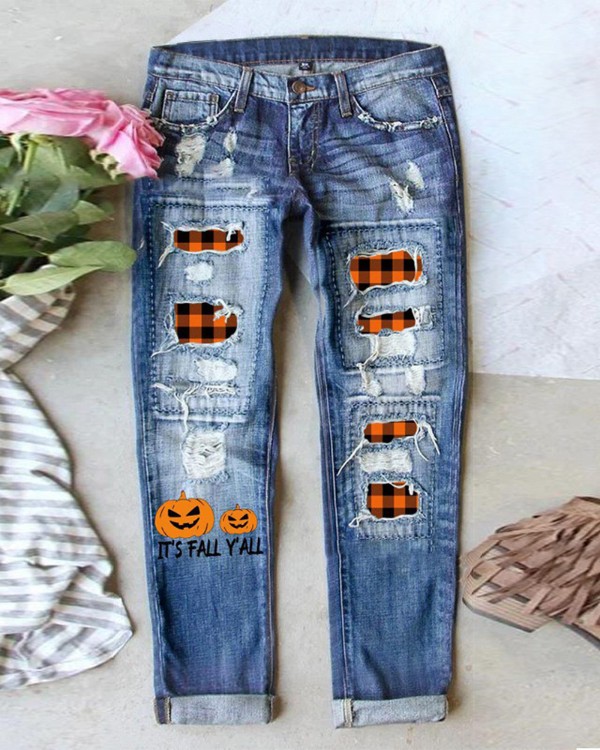 Halloween Pumpkin Print Rippede Straight Leg Jeans