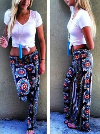 Kvinder Sommer Casual Retro Blomsterprint Palazzo Bukser Høj talje Flare Brede ben Lange bukser