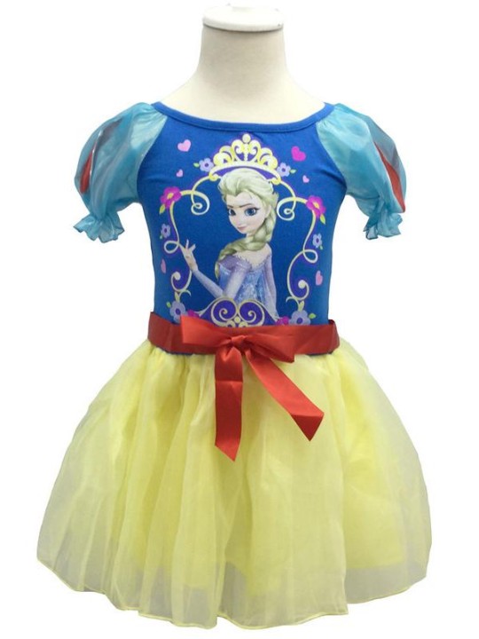 Moda lindo de dibujos animados blanco como la nieve niñas vestido de Europa estilo princesa Print amarillo traje de tutú vestido de niños traje