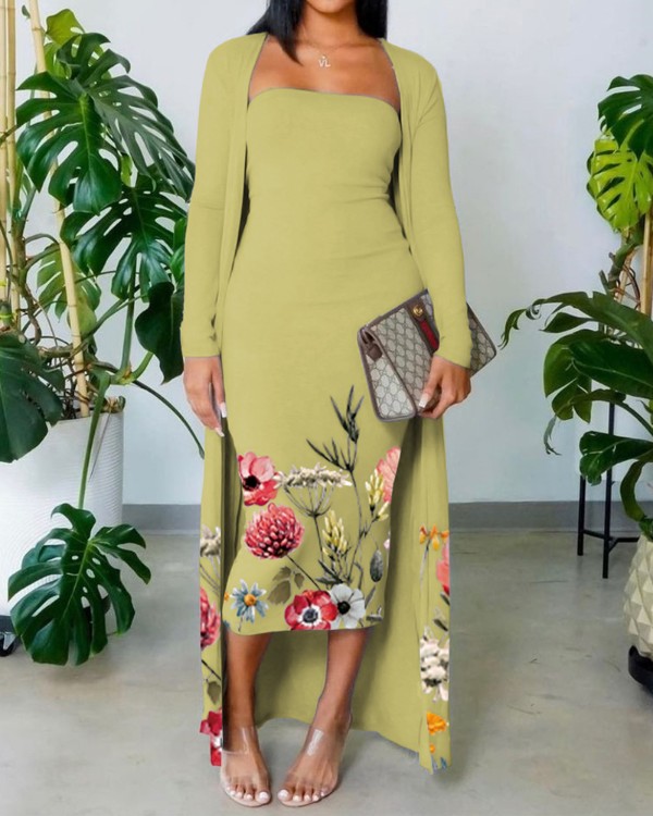 Blommönstrad Tube Bodycon -klänning med långline -koftan