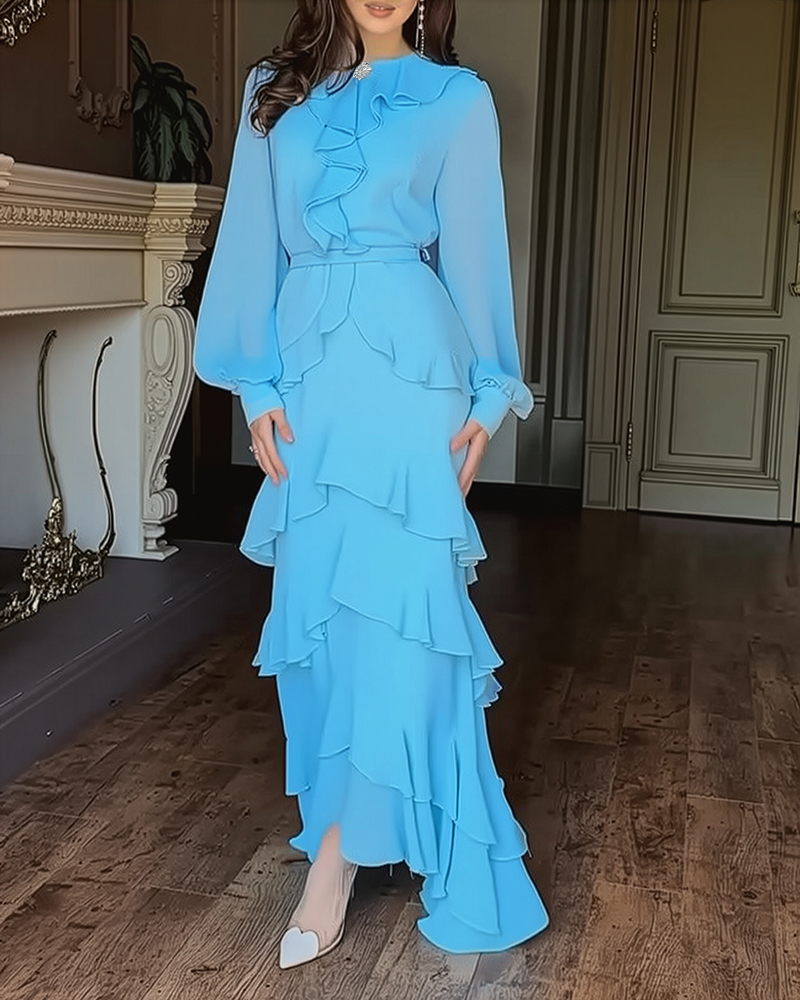French Style Rhinestone Button Decor Ruffles Round Neck Lantern Sleeve Maxi Dress Zipper Back Layered Ruffle Hem Chiffon Evening Dress with Belt