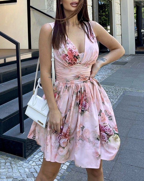 Floral Print V-Neck Ruched Sleeveless Thick Strap A-Line Dress Romantic Dress