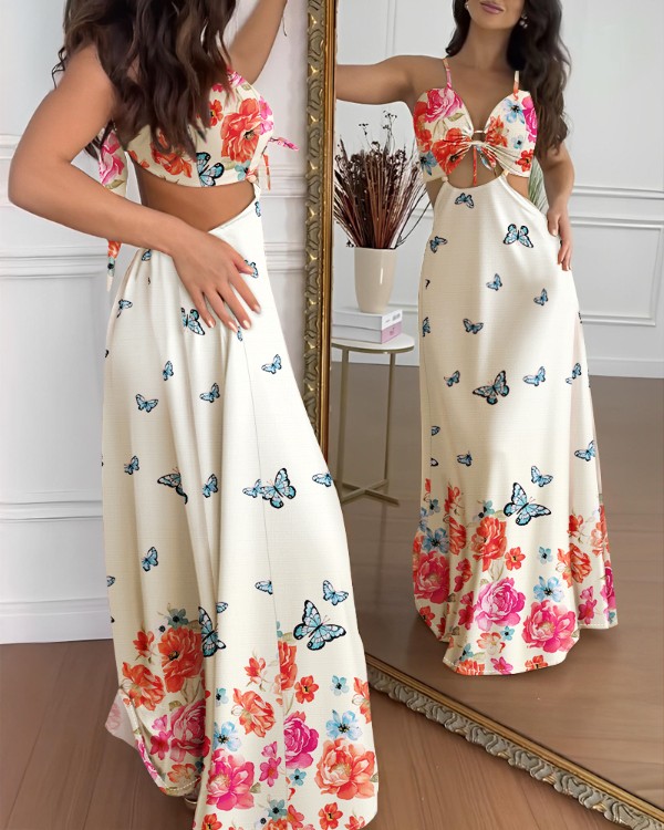 Women Tropical Print Halter Backless Maxi Dress Sexy Sleeveless Beach Dress Holiday Dresses For Women Long Dress, Orange, Medium