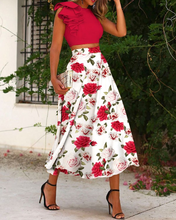 One-Shoulder-Crop-Top mit Rüschensaum und geblümtem Rock-Set