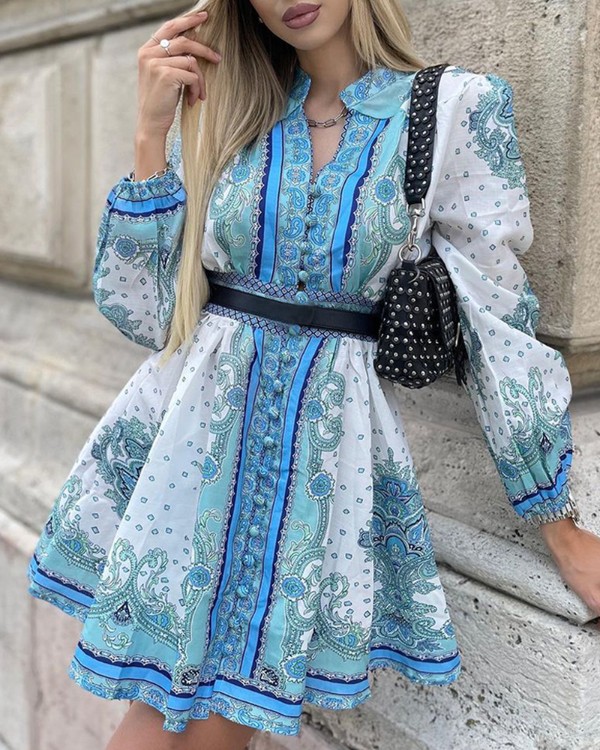 All Over Print Lantern Sleeve Shirt Dress