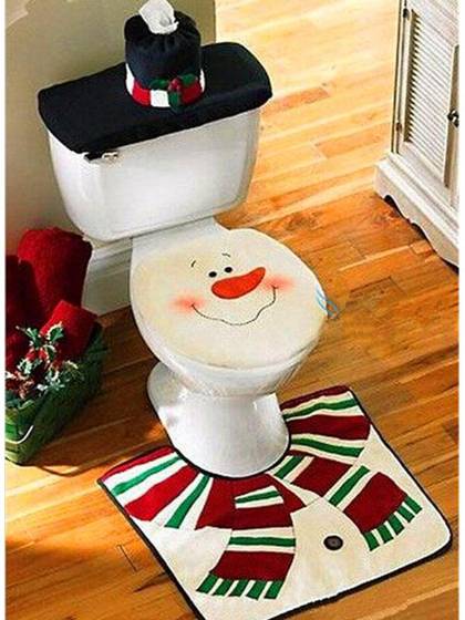 New XMAS Snowman Toilet Seat Cover + Rug Bathroom Mat Set Christmas Decorations Ground Mat Radiator Cap Tissue Cover
