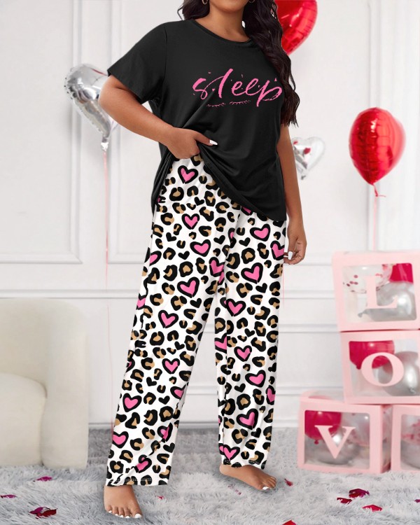 2 Piece Plus Size Heart Letter Leopard Print Straight Leg Pajamas Set Sweet Sets