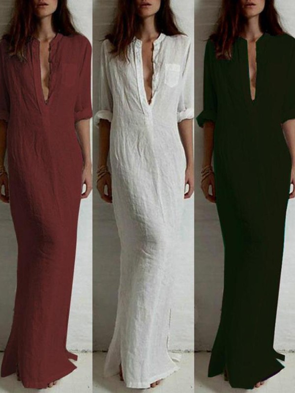 Manga larga de las mujeres v profundo Split Split Maxi vestir vestido de noche ShirtSexy Slim Fit Vestido largo vestido de noche