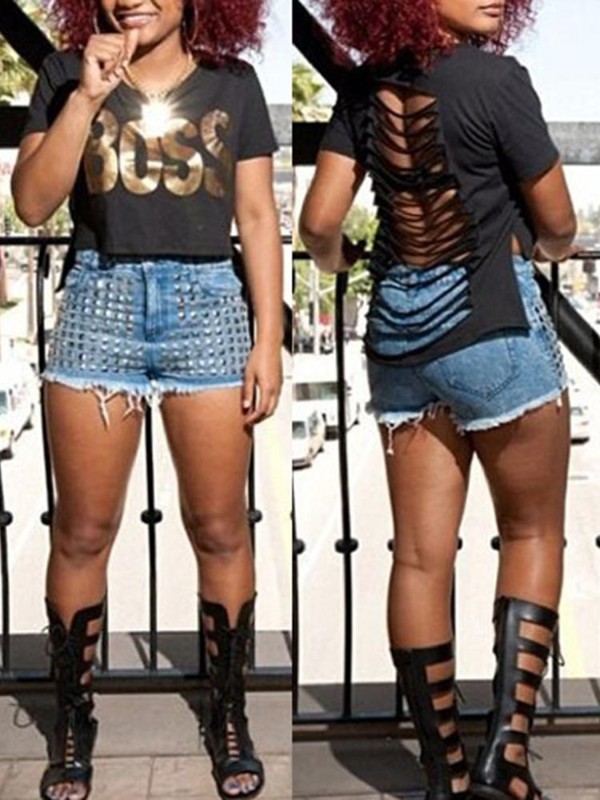 Sexugur kvenmannur holótt baklaus stuttermabolur Bréfprentaður stutt ermablússa uppskera toppur