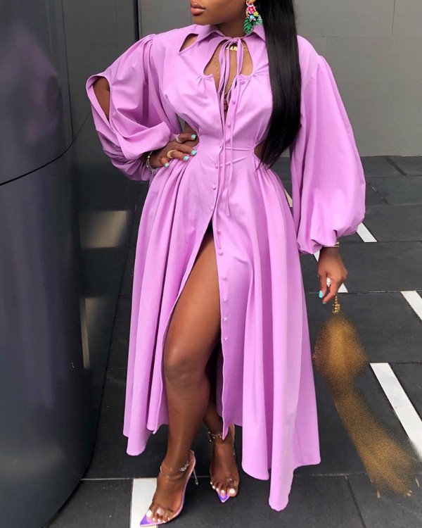 Lantern Sleeve Cutout Tied Detail Buttoned Shirt Dress