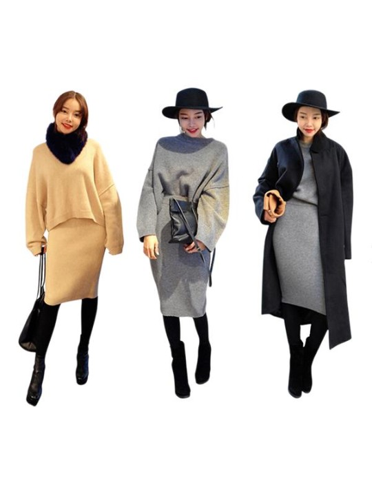 Women's Fashion Simple Loose Short Solid Color Style Suit Sets 2 Pieces Knitting Sweater + Hip Package Wrap Skirt Set