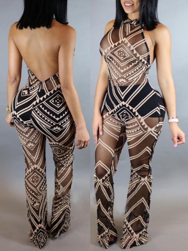 Frauen Print Open Back Jumpsuit Sexy Enge Bodysuit Halfter Playsuit Strampler