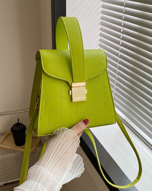 Crocodile Press Lock Top Handle Flap Crossbody Handbag