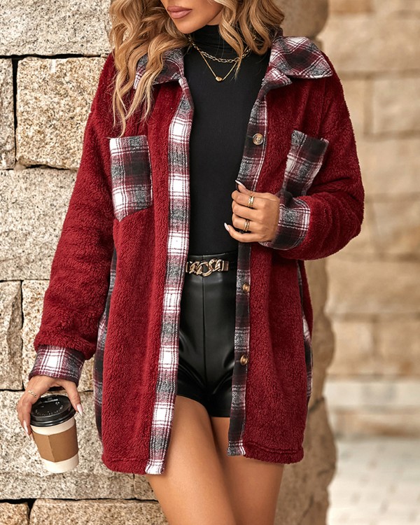 Plaidprint lommedesign Langærmet Teddy Coat-outfit med knapper