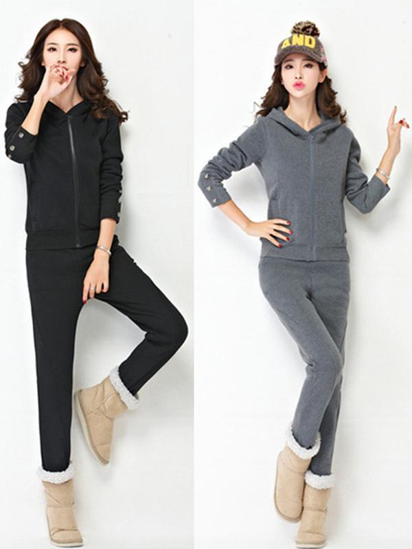 Plus-kokoinen yksivärinen naisten muoti yksinkertainen urheiluhalli kuntosali pitkähihainen paksut samettitakihupparit + rento housut hupparisetit