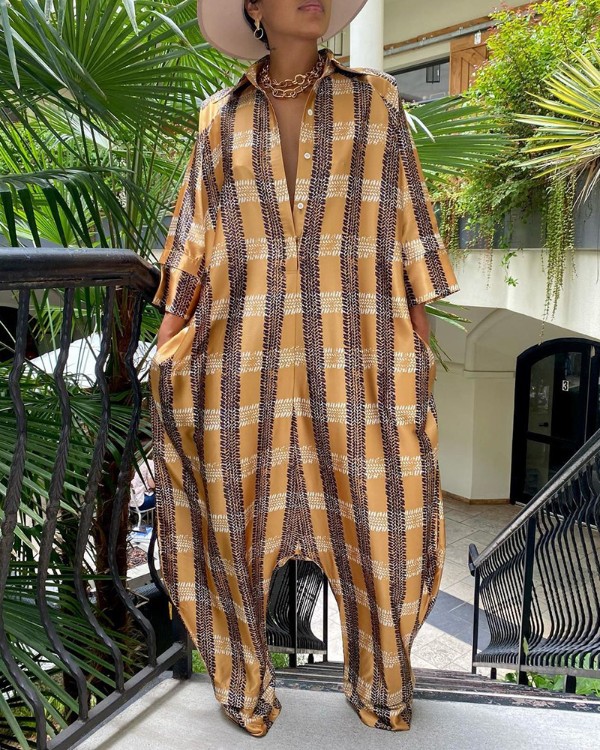 Graphic Print Buttoned Pocket Design Casual Jumpsuit