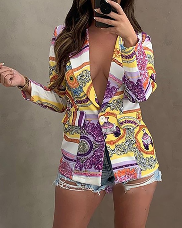 Cachecol estampado com um único botão e bolso casaco blazer para decoração