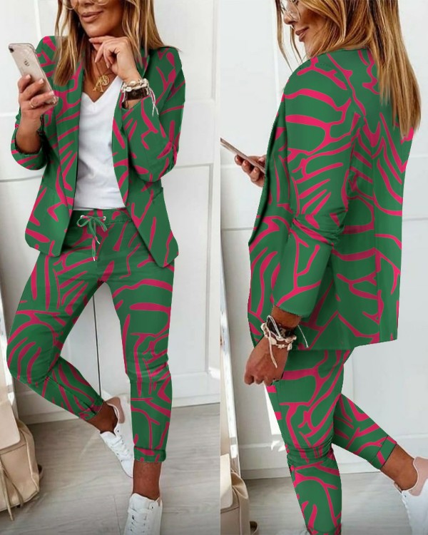 Abstract Print Long Sleeve Blazer & Pants Set