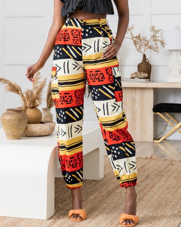 Graphic Print Buttoned Pocket Design Cuffed Pants