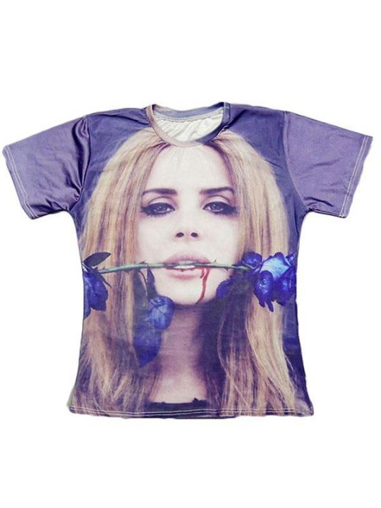 Women's Men's Unisex Tops Lana Del Rey Blue Rose Printed Pattern Round Neck Casual T Shirt (Purple)