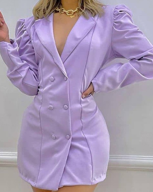 Lovinen kaulus Puff hiha Double Breasted Bodycon mekko