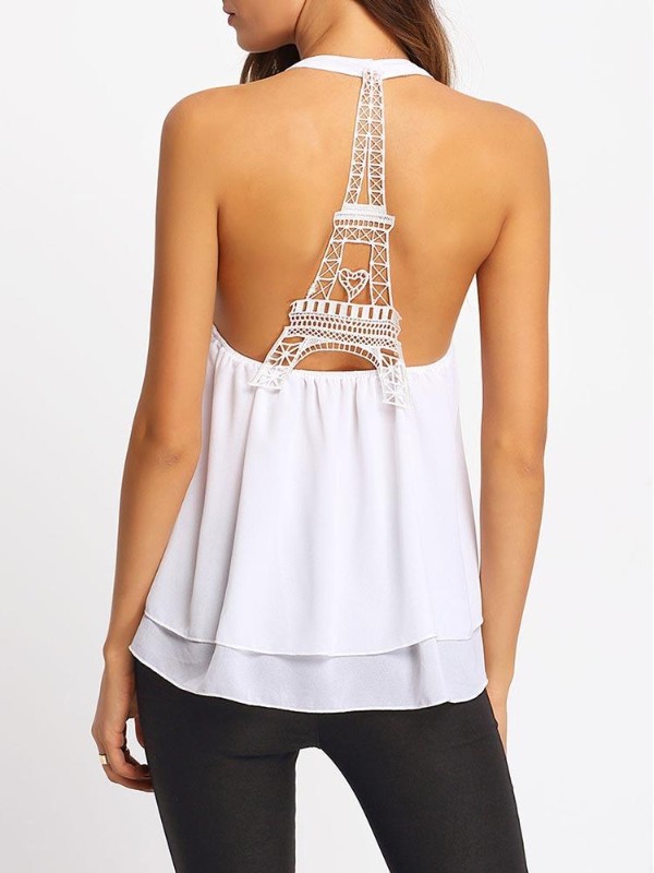 Dömutíska Ný Eiffel turn blúndu vesti ermalaus bútasaumur kynþokkafullur kynþokkafullur halter bolur bolir