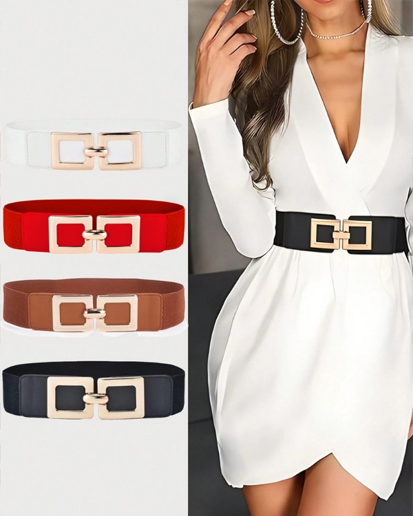 Wide Elastic Belt Fashion Square Gold Buckle Stretch Dress Belt Waistband