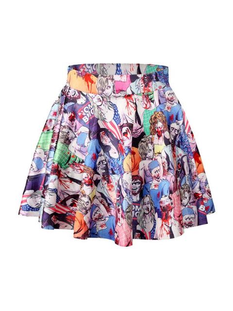 Halloween Party Dress Zombie Empire Digital Print High Waist Flared Skater Mini Kjolar