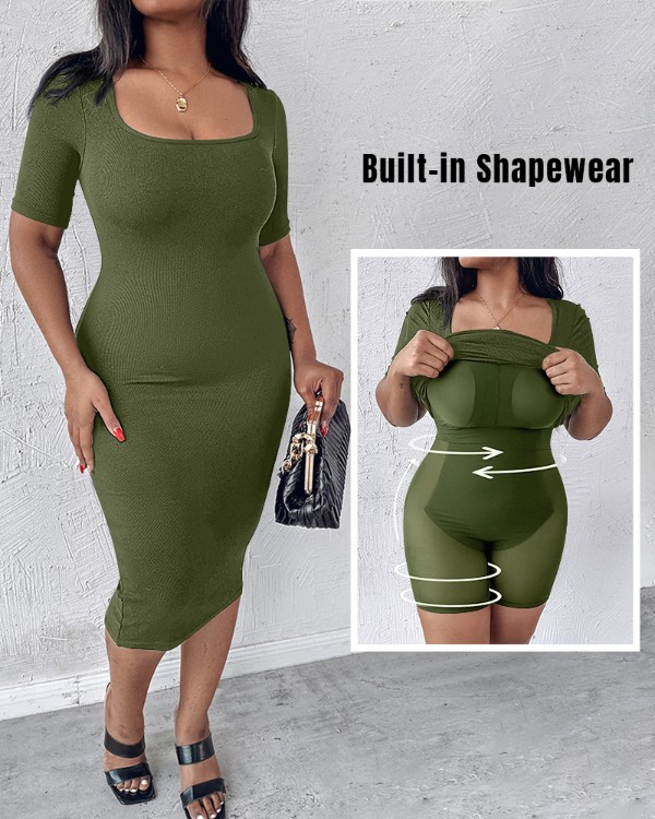 ChicMe ShapeSculpt Lyhythihainen Bodycon Midi Mekko SISÄLLÄ SHAPEWEAR Neliönmuotoiset Slim Fit Rentomekot