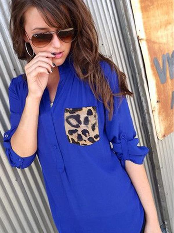 Frauen neue Mode lässig Leopard Pocket Chiffon Bluse plus Größe lose Langarm-T-Shirt