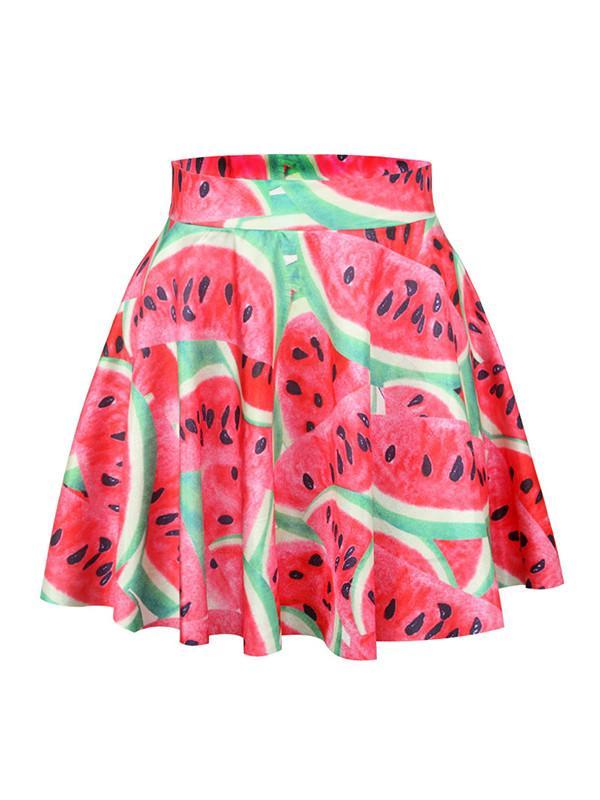 Mode féminine pastèque imprimé numérique taille haute robes patineuse évasée mini jupes