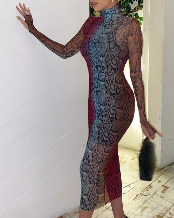 Långärmad ormskinnstryck Colorblock Bodycon -klänning