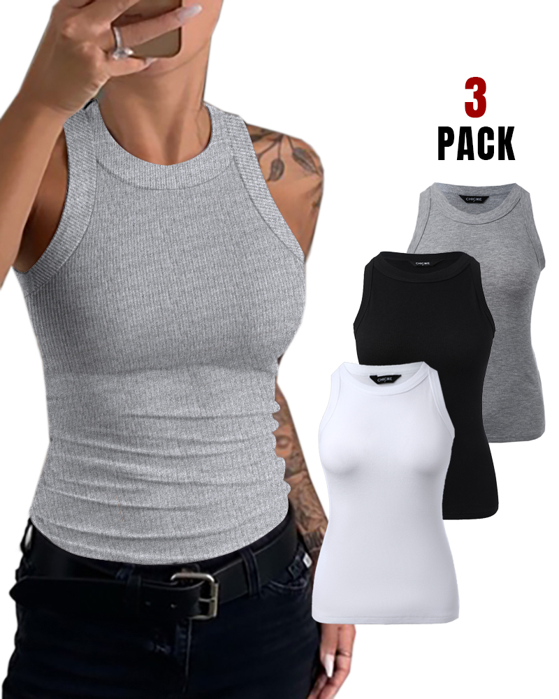 3-Pack Knit Round Neck Thick Strap Racerback Tank Tops(Without Pads)