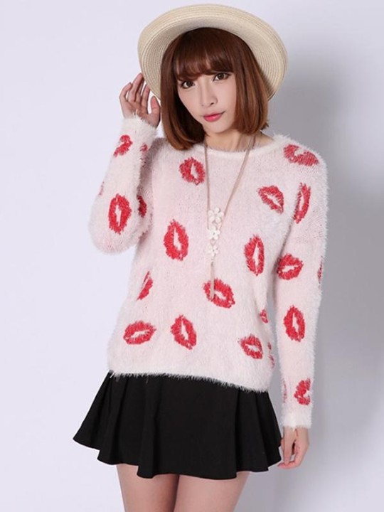 Haust Mohair kóresk stíl kvenna, prjónað peysa, sæt rauð varalitaprent, frjálslegur yfirhafnir