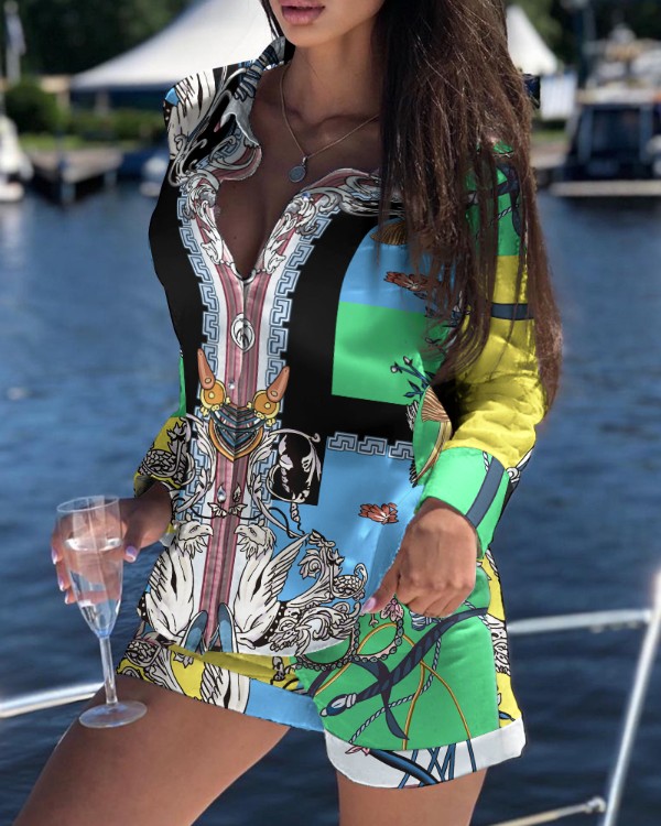 All Over Print Knappar Topp & Shorts Set